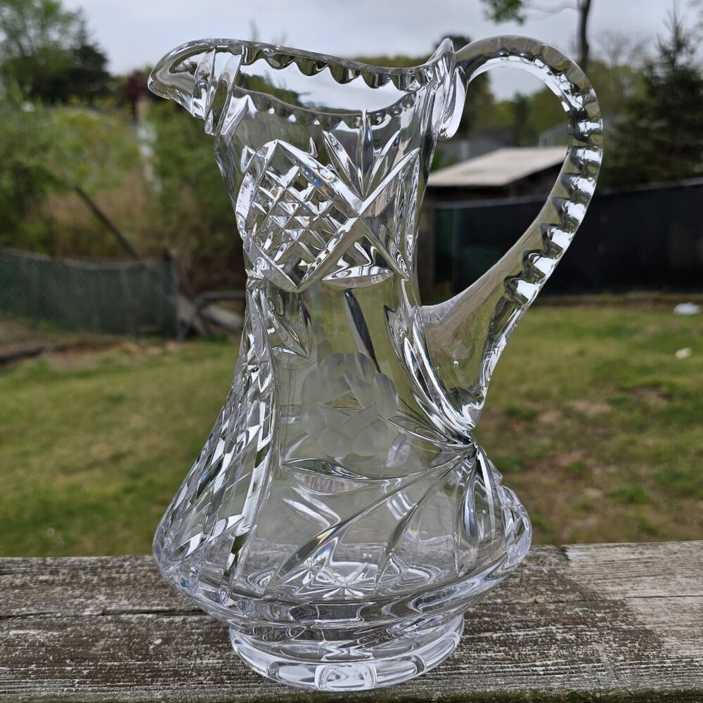 Etched Heavy Cut Crystal Pitcher Decanter Handle Floral Motif - Picture 4 of 14